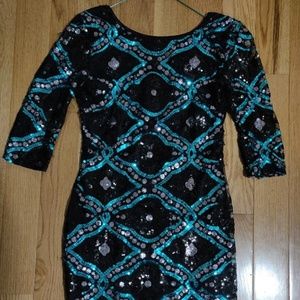 Blue, black and silver sequin dress